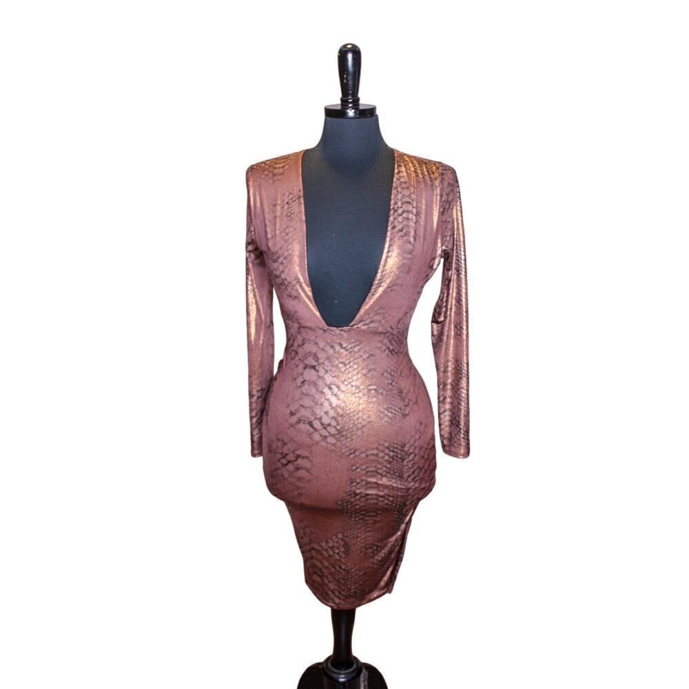 Uptown USA Bodycon Dress Metallic Copper Animal Print Deep V Neckline